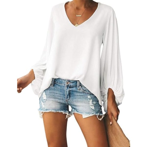 V-ringad chiffongskjorta för kvinnor Casual Lantern Sleeve Top White XL