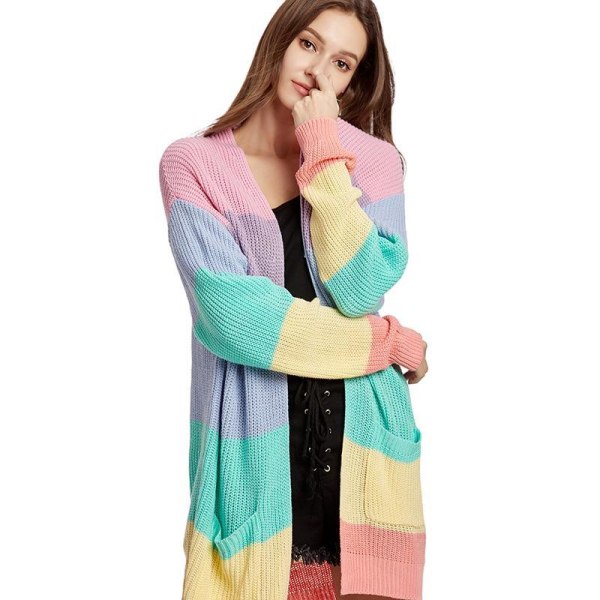 Dame Lang Pastel Strikket Regnbue Stribet Farveblok Cardigan Trøje S