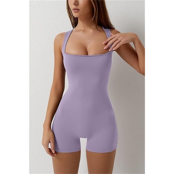 Damer Strappy Square Neck Linne Bodycon Stretch Shorts Jumpsuit Purple L