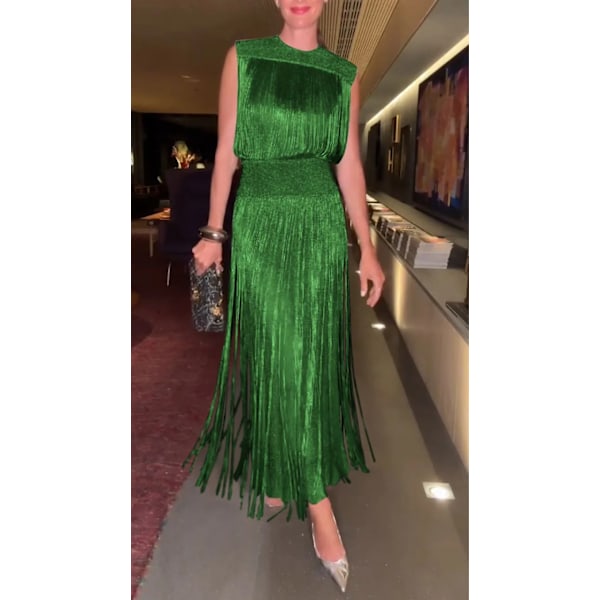 Dame 2-delt Sæt Frynser Kvaster Cami Crop Top og Lang Nederdel Festsæt green S