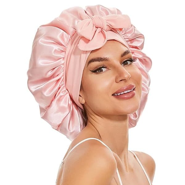 Stor Silke Bonnet for Søvn, Satin Hår Bonnet for Søvn med Bånd