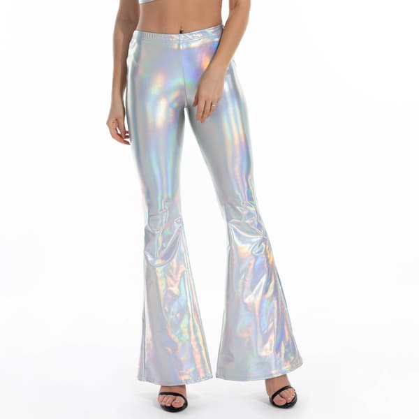 Glänsande stretchiga joggingbyxor med hög midja för kvinnor silver L