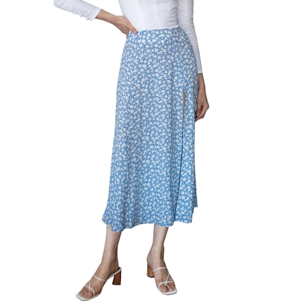 Sommarflödande midikjolar med slits för damer, ledig blommig kjol med hög midja blue M