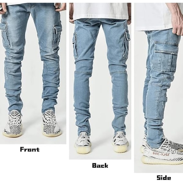 Slim Fit Jeans för män 7 fickor Stretch Skinny Denim Pencil Byxor Black XL