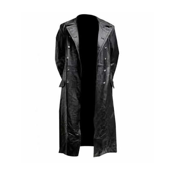 HERRER Lær Trenchcoat Full Lengde Vintage Kunstlærjakke Black S
