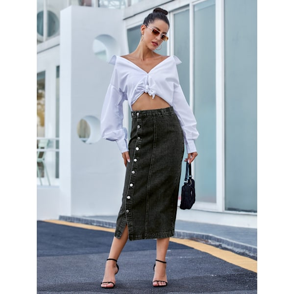 Dam Casual Slitsad Denim Midi Jeanskjol black S