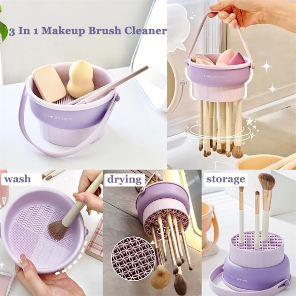 Meikkisiveltimen puhdistuskuppi, 3-in-1 meikkisiveltimen puhdistusmatto ja kuivausteline Drying rack purple
