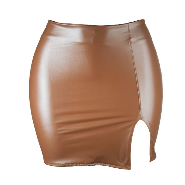 Basic, hög midja, konstläder Bodycon Mini Pencil Kjol för kvinnor brown M