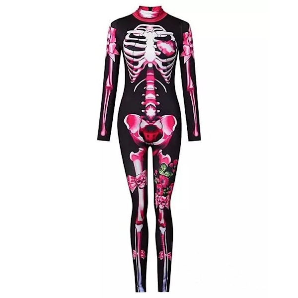 Halloween-kostyme for kvinner med hodeskalletrykk, langærmet jumpsuit Adult-Pink S