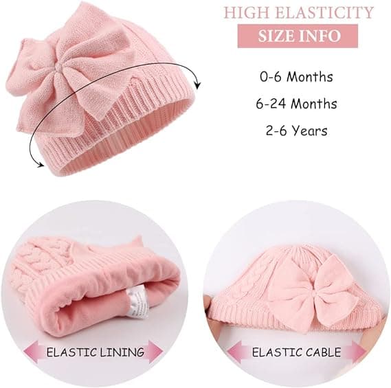 Varm stickad mössa med rosett för flickor, vinter Pink