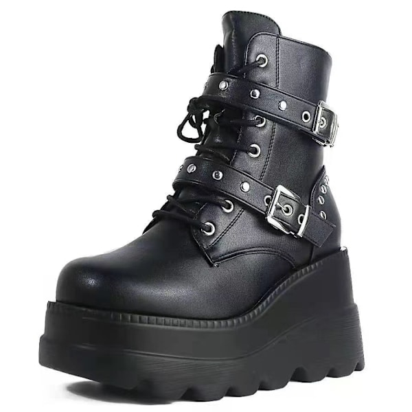 Kvinnors Platform Boots Punk Lace Up Combat Boots 36
