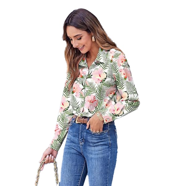 Dam Skjortor med Knappar Blommig Tryck Långärmad Vardaglig Topp Green 3XL