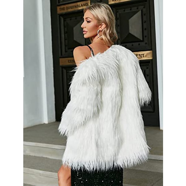 Dame Langærmet Fluffy Faux Fur Varmt Frakke White L
