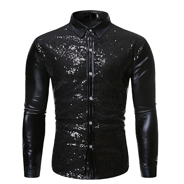 Menn Sequin Langarmet Skjorte Metallisk 69-talls Skjorte Knappeskjorte Black L