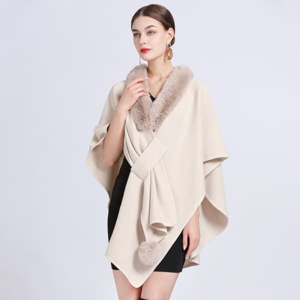 Faux Fur Trim Cardigan Kappe Sjal til Efterår Vinter Beige