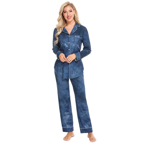 Pyjamas Set för Kvinnor, Långärmad, Knappar, Nattkläder, Bomull, Pj-Set Blue XL