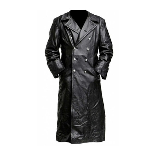 HERRER Lær Trenchcoat Full Lengde Vintage Kunstlærjakke Black XL