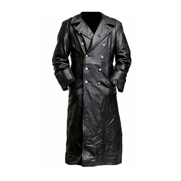 Mænds Læder Trenchcoat Fuld Længde Vintage Kunstlæderjakke Black 2XL