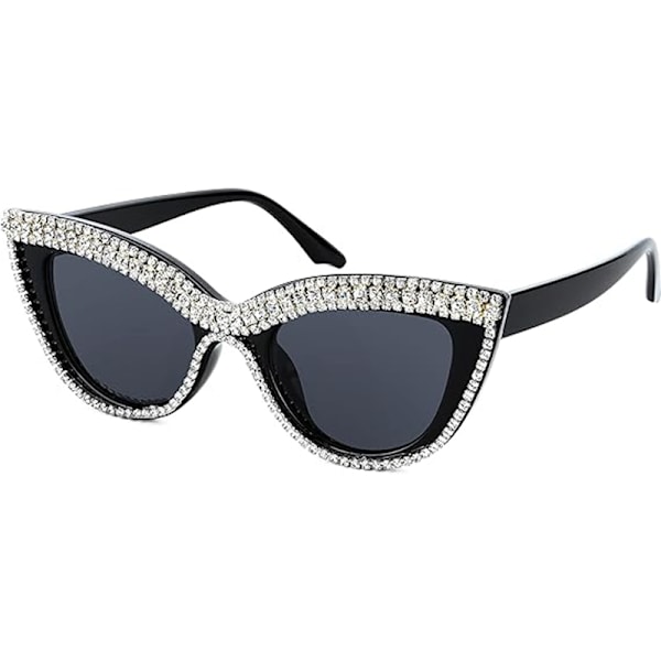 Dam Cat Eye Solglasögon med Glittrande Kristaller UV-Skydd Rhinestone Solglasögon black