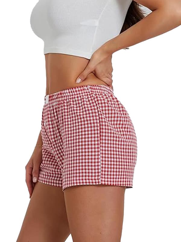 Dame Lounge Shorts Bløde Elastiske Lavtaljede Ternet Print Pyjamas Shorts Light Blue M