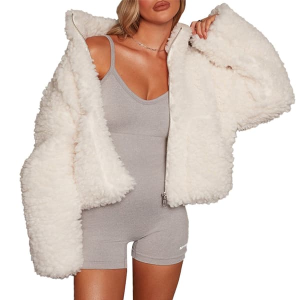 Långärmad Croppad Sherpajacka för Dam White L