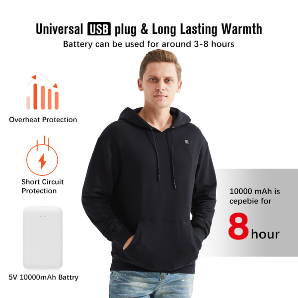 Pullover Uppvärmd Hoodie med batteripaket 7.4V för män Black L