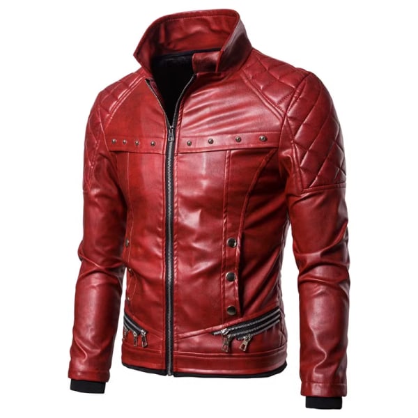 Herrar Zippade Avtagbar Pälskrage Jacka, Läder Vintage Steam Punk Retro Rockjacka Red S