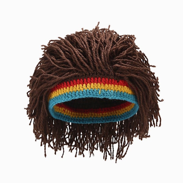 Strikket Herrehue med Hår, Sjov Strikket Beanie Rasta med Dreadlocks Brown