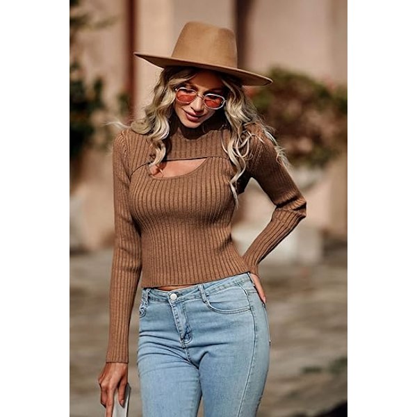 Dame 2-delt Udsnittet Toppe Langærmet Mock Neck Rib Strikket Vinter Trøje Brown M