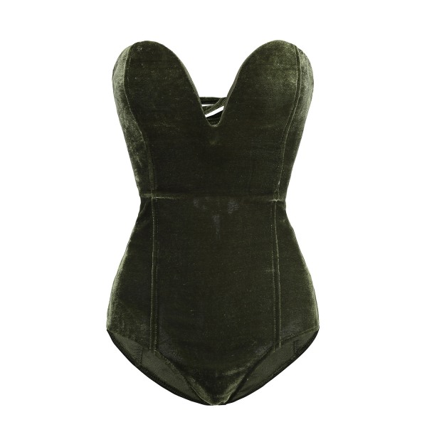 Kvinders V-hals Sexy Fløjls Strapless Bodysuit Jumpsuit Sød Hjerteformet Dyb Army Green XS