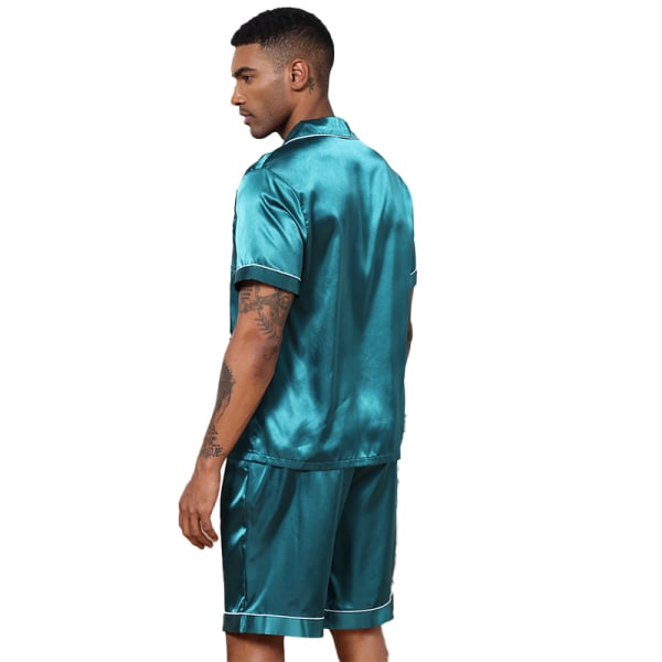 Män Satin Pyjamas Set 2 Delar Loungewear Knapp-Ner Pjs Set green L
