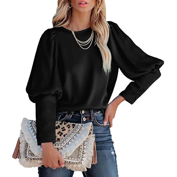 Satinbluse med Puff-ermer for kvinner - Avslappet og løs topp Black L