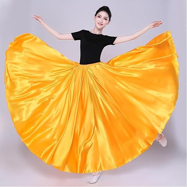 Dame Sateng Full Sirkel Ankel Lengde Swing Langt Skjørt Magdans Kostyme Gold 85cm