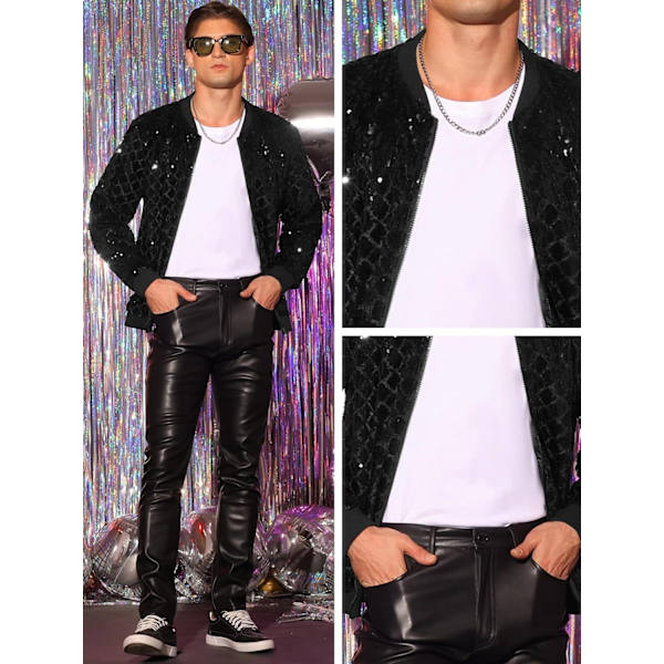 Sequin Jakke til Mænds Fest Klub Glans Baseball Varsity Jakke black M