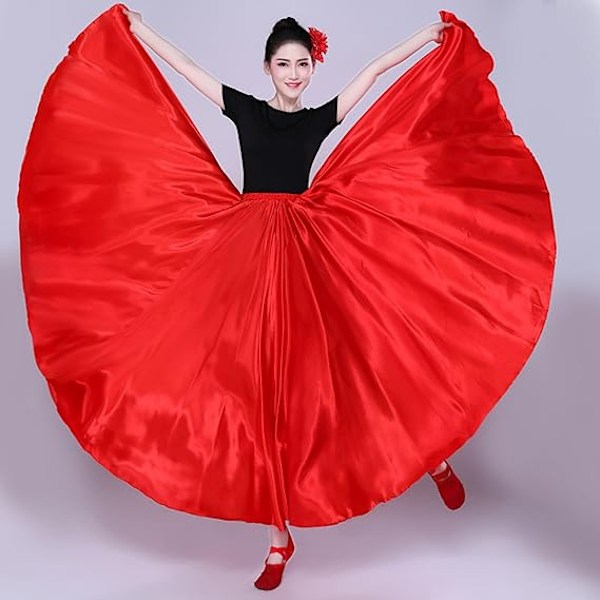 Dame Sateng Full Sirkel Ankel Lengde Swing Langt Skjørt Magdans Kostyme Red 85cm