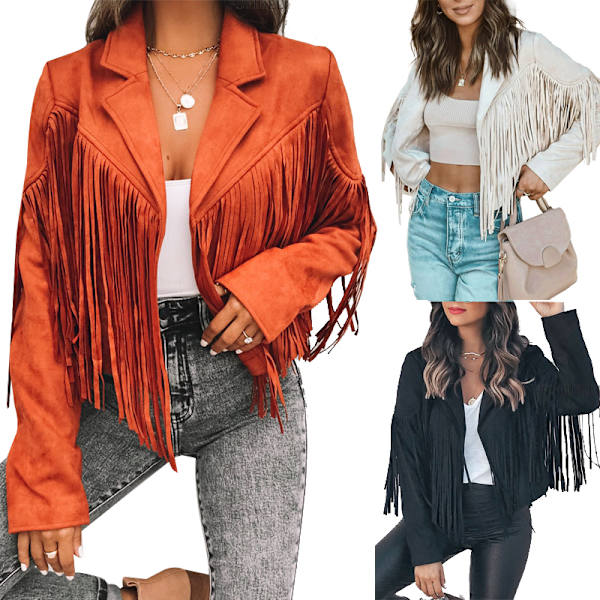 Dame Faux Suede Læderfrynsejakke, Motorcykel Åben Front Tassel Frakke BEIGE M