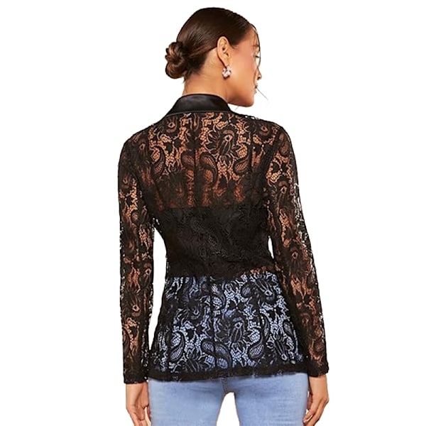 Blazer med blomstrete blonde og mesh for kvinner, lange ermer, elegant jakke M