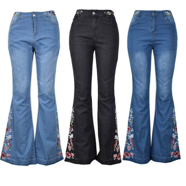 Damblommiga broderade Bell Bottom Flare Jeans dark blue 2XL