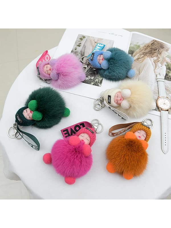 Pompom Sovande Baby Nyckelring Fluffig Plyschdocka Väskberlock gray