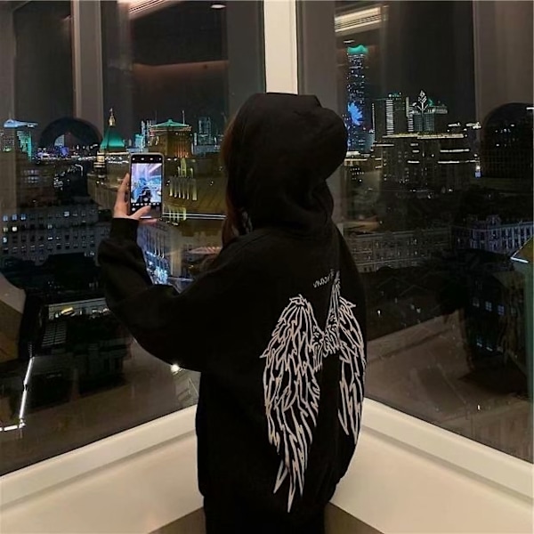 Reflekterande Fleece Hoodie med Ängelvingar Grafisk Gotisk Huvtröja för Män L