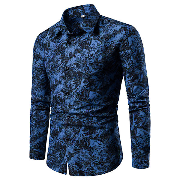 Hettegenser med knapper og trykt krage for menn, lang erme Blue M