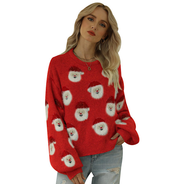 Kvinnor Stickad Holiday Pullover Christmas Snowman Sweater red M