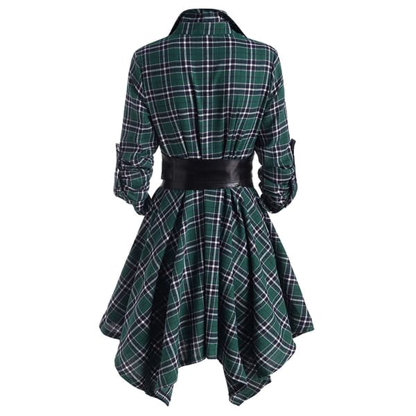 Kvinnors rutig klänning Button Down skjortor med bälte Green L