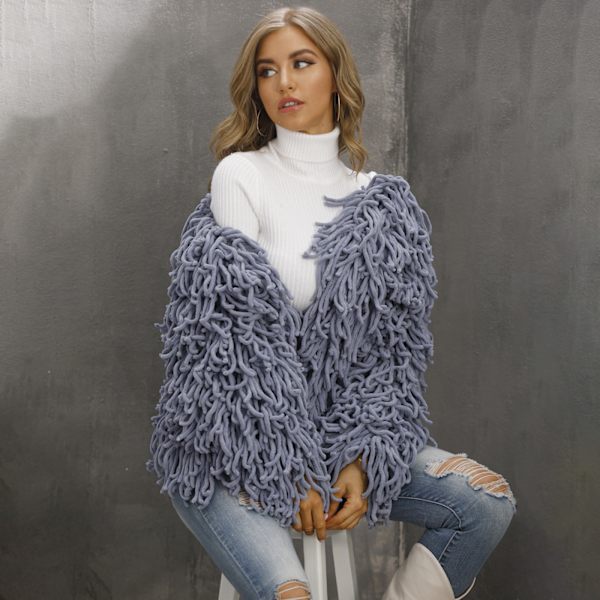 Plys Fringe Frakke Overfrakker til Kvinder Efterår Og Vinter Grey XL