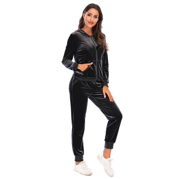 Träningsoverall för kvinnor Set 2-delade kostymer Velour Sweat Outfits BLACK XL