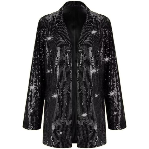 Kvinders Sequin Jakke Glitter Glimmer Åben Front Casual Langærmet Blazer Frakke Black L