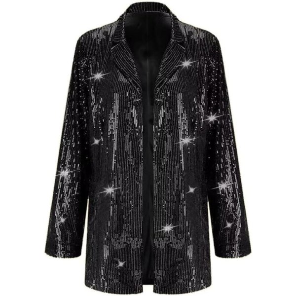Kvinnor Paljettjacka Glitter Sparkle Öppen Front Casual Långärmad Blazer Coat Black 2XL