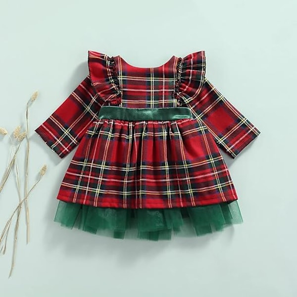 Tyttöjen jouluinen ruudullinen prinsessatullin jousimekko 90CM