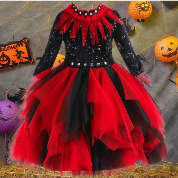 Halloween-klänning för flickor i rött nät, prinsessmodell 140CM