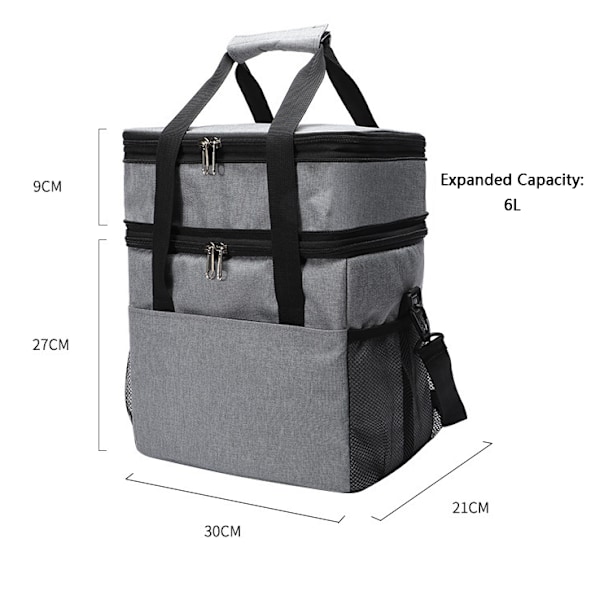 Lunchbox med Dubbel Däck, Utbyggbar Isolerad Lunchväska med Justerbar Axelrem 15L